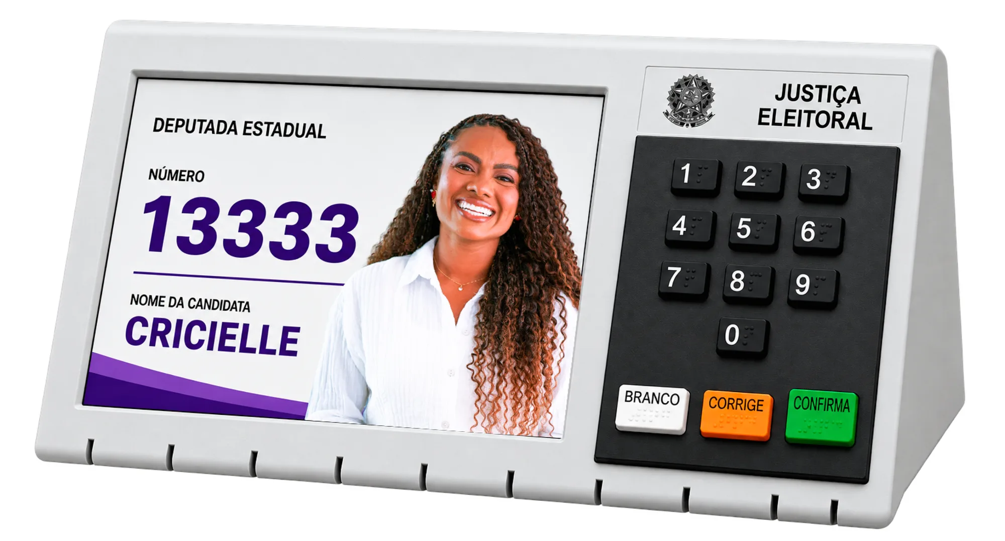 Urna eletrônica mostrando Deputada Estadual, número 13333, candidata Cricielle